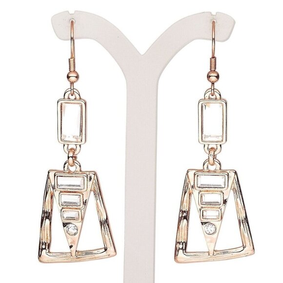 Fashion Jewelry Jewelry - Artsy Rose Gold Tone Geometric Metal Glass Crystal Dangle Earrings